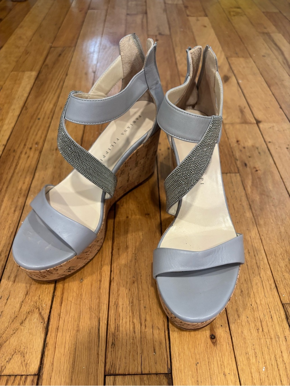 Fabiana Filippi Crystal-Trim Light Gray Wedge Sandals